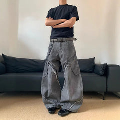 /Korean Vintage Splicing Hairy Zipper Micro Horn Jeans Loose Straight Leg Pants High Street Jeans