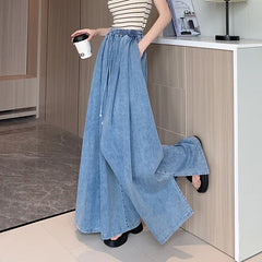 Loose-Fit Plus Size Jeans Slimming Wide-Leg Ground-Length Simple Style Casual Ladies Pants