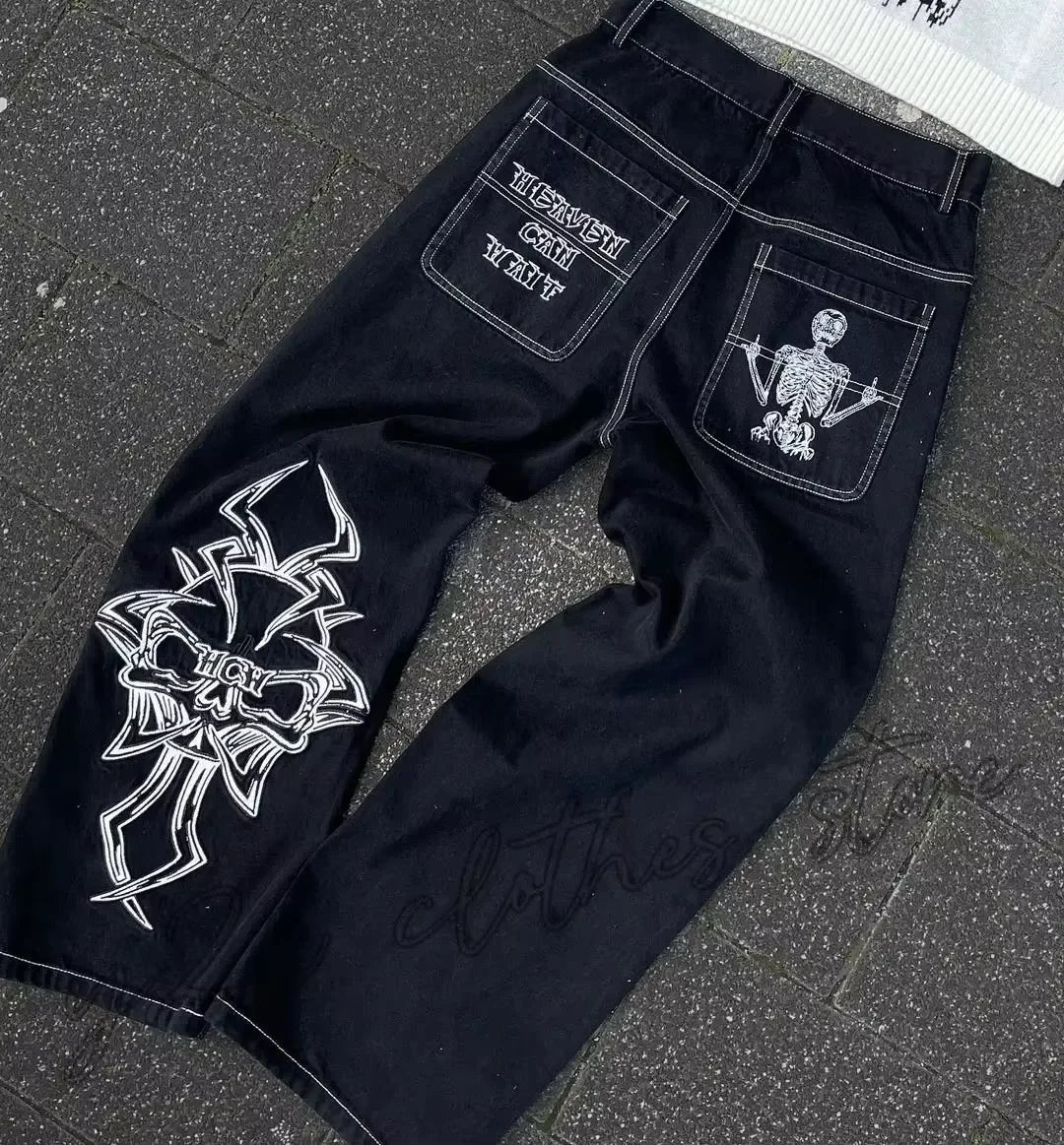 Retro Skull Embroidery Y2K Jeanss Hip Hop Washed Baggy Denim Pants Straight Casual Loose Wide Leg Trouser Streetwear