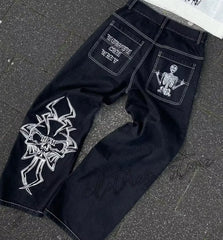 Retro Skull Embroidery Y2K Jeanss Hip Hop Washed Baggy Denim Pants Straight Casual Loose Wide Leg Trouser Streetwear