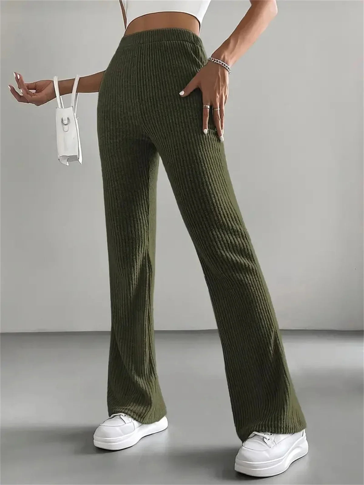 Ribbed Knitted Flare Pant Fashon Slim Solid High Waist Trousers Casual Street Vintage Chic Pants