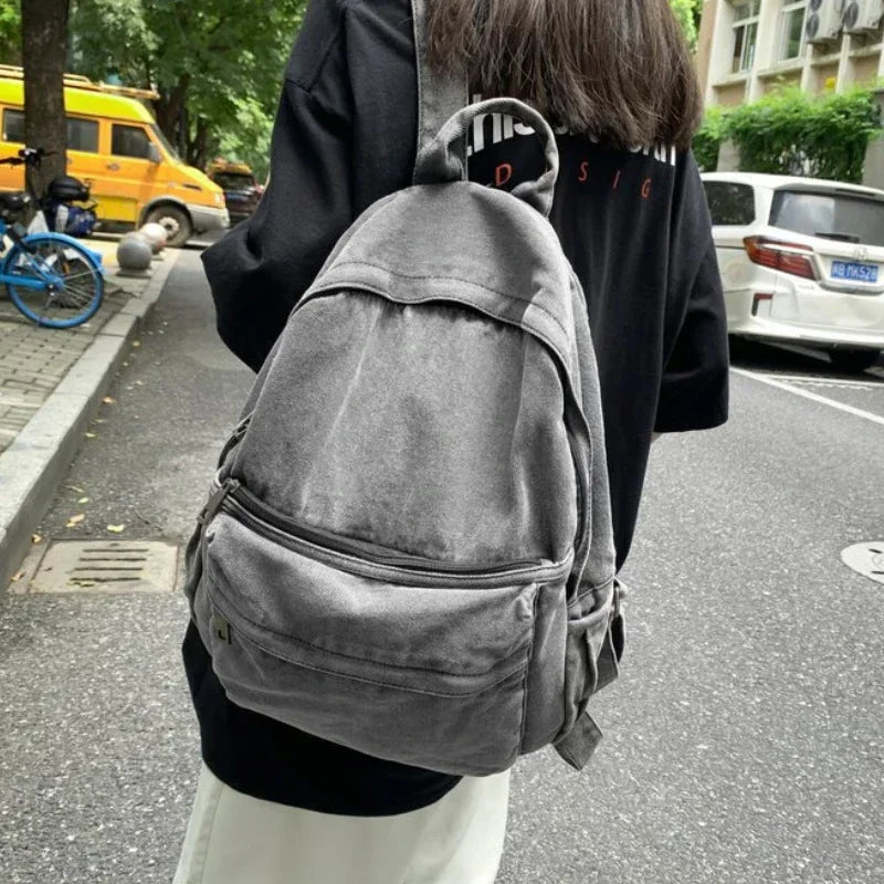 Gray Denim Backpack Leisure Travel Outing Shoulder Bag Schoolbags Suitable