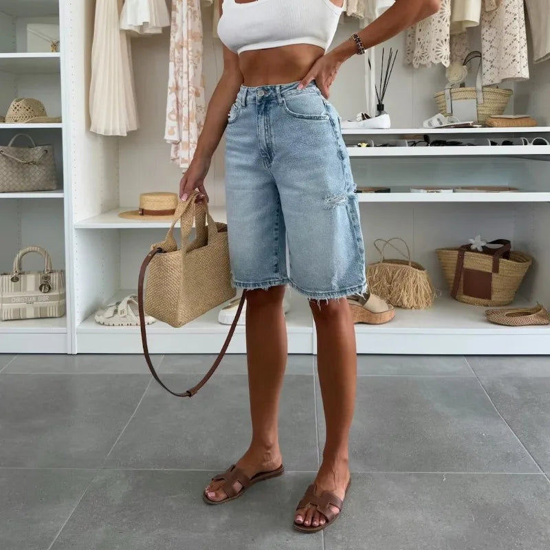 American Street Style Urban Leisure Loose Washed Hole Denim Shorts