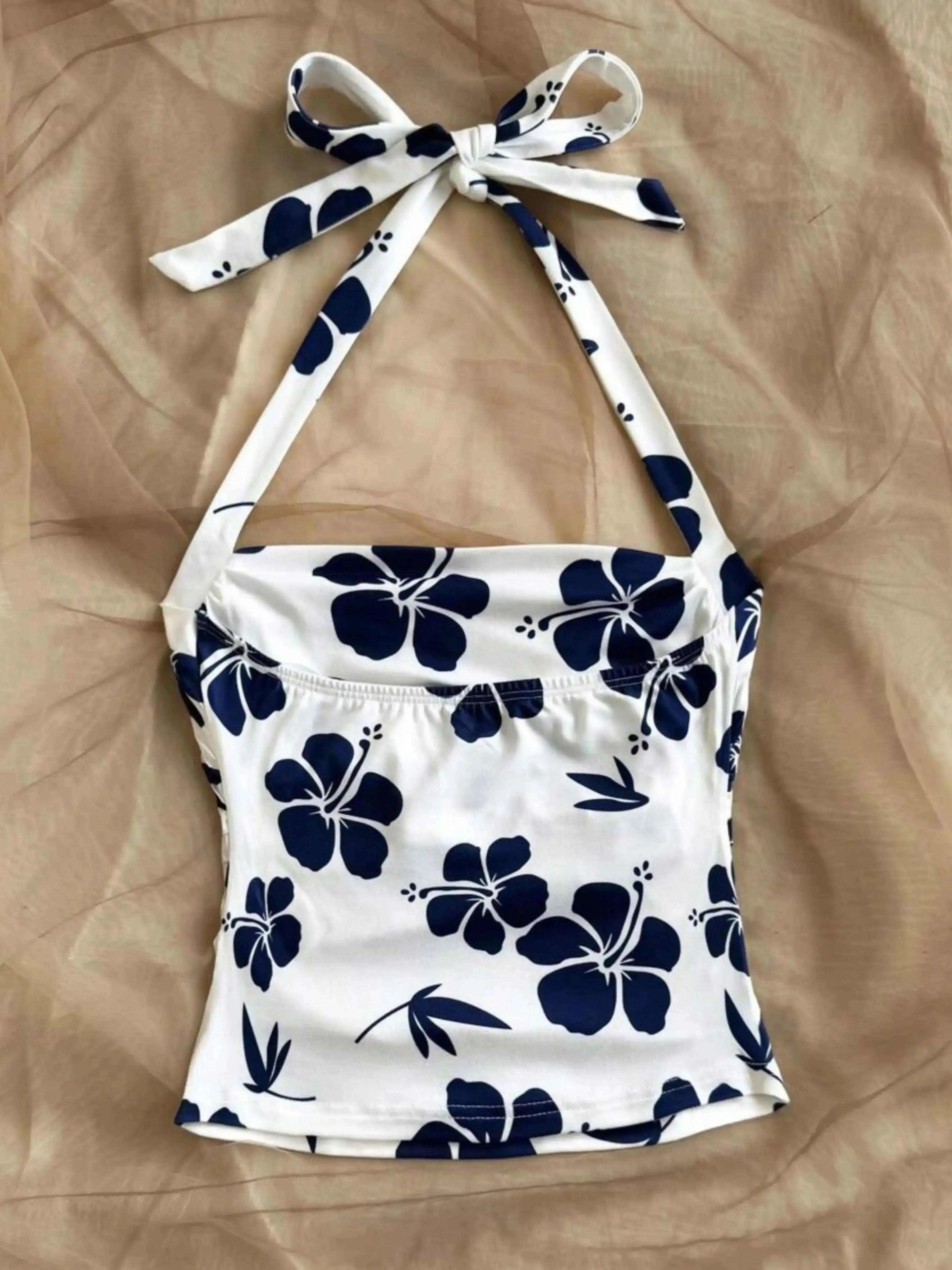 Ladies Beach Style Knitted Floral Print Halter Top Slim Fit Pleated Waist Youthful Vacation Top