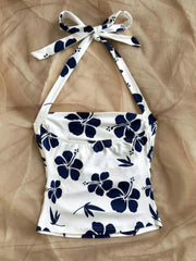 Ladies Beach Style Knitted Floral Print Halter Top Slim Fit Pleated Waist Youthful Vacation Top