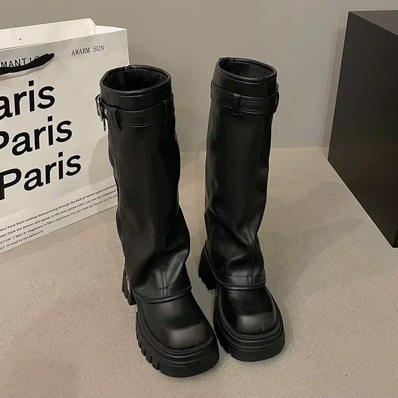 Biker Boots Belt Buckle Ladies Elegant Platform Long Pipe Booties Casual Knee High Booties