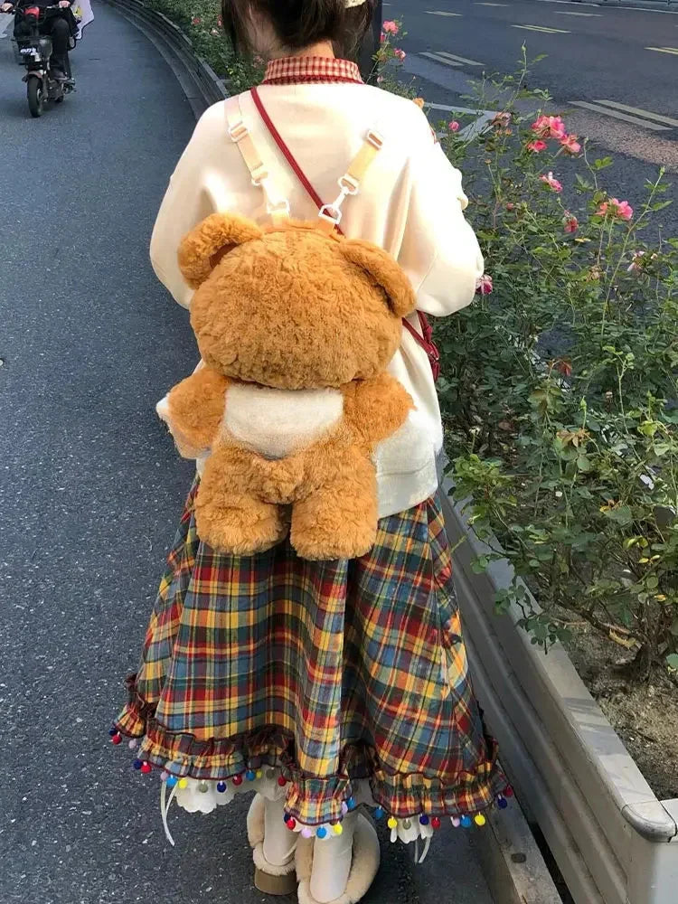 Kawaii Vintage Cute Plaid A-line Skirt Design Chic Elastic Waist Patchwork Skirt Pretty Loose Skirt Y2k