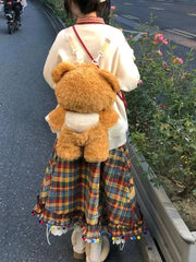 Kawaii Vintage Cute Plaid A-line Skirt Design Chic Elastic Waist Patchwork Skirt Pretty Loose Skirt Y2k