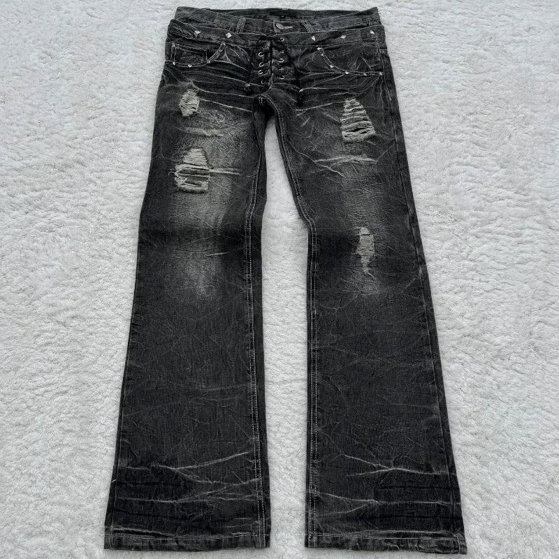 Y2K Retro jeans damaged washed holes Gothic style jeans trend double waisted Add nails long flared pants