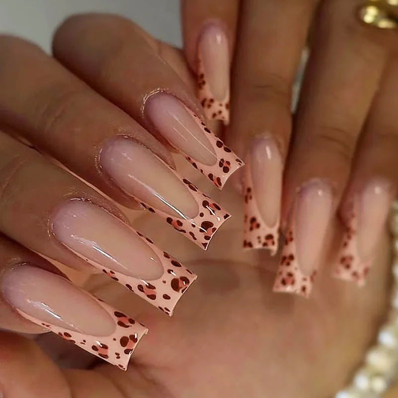 24pcs Rhinestones Full Cover Nail Art Datachable Glitter French Press on Nails Tip Flower Long Square Fake Nail Pink False Nails