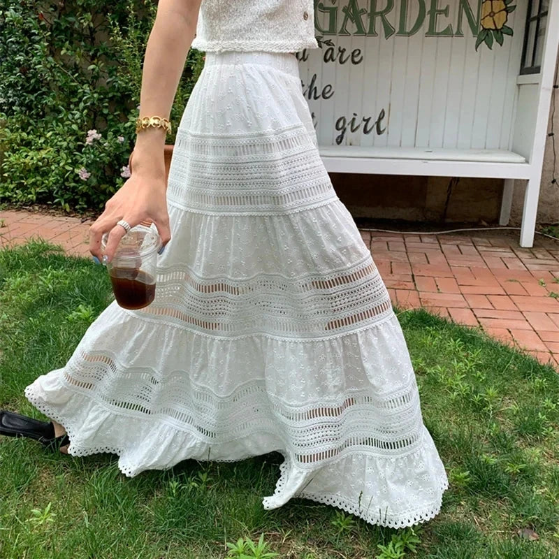 Embroidery Eyelet Cut-out Maxi Skirt White Cotton Semi Sheer Flowy Long Skirt Boho Vacation Fairycore Outfit