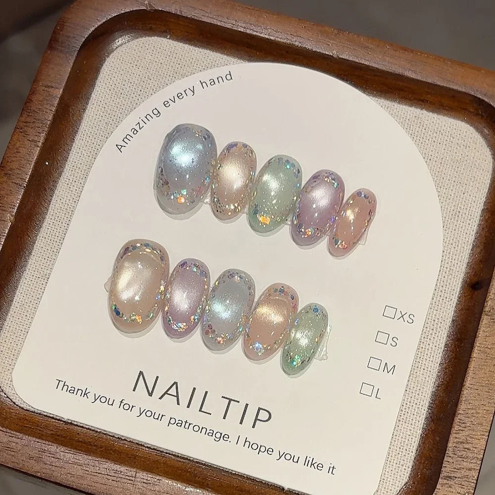 10Pcs Handmade Nude Color Press On Nails Sparkling Cat-Eye Cherry Star Marine Elements Sequins Cute Girlish Nail Suitable