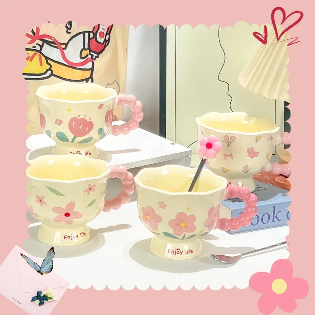 High Value Ceramic Flower Coffee Mugs Dishwasher Safe Creative Water Cups Birthday Gifts