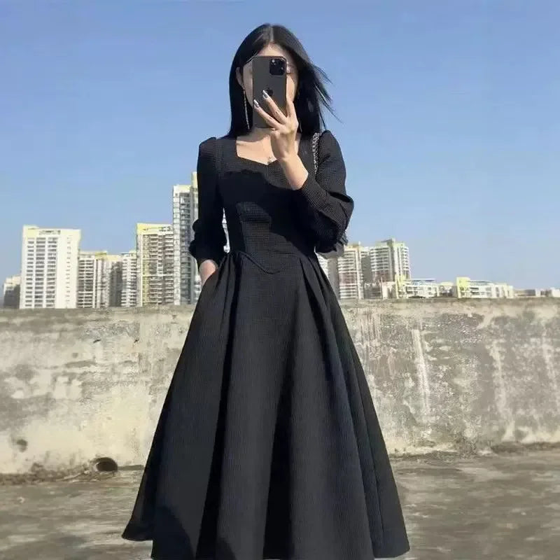 Early Long Dress Elegant French Hepburn Style Slimming Black Long Sleeve Dress Sale Of The Season