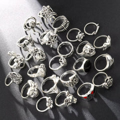 24Pcs/Set Punk Gothic Rings Sets Silver Color Skeleton Spider Poker Joker Eyes Heart Rings