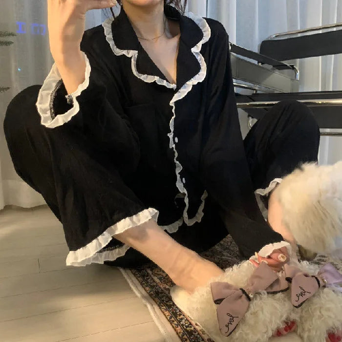Korean Style Cute Pajama Sleepwear Lady Long Sleeve Tops Pants 2Piece Pyjamas Solid Lingeries Sets Nightwear