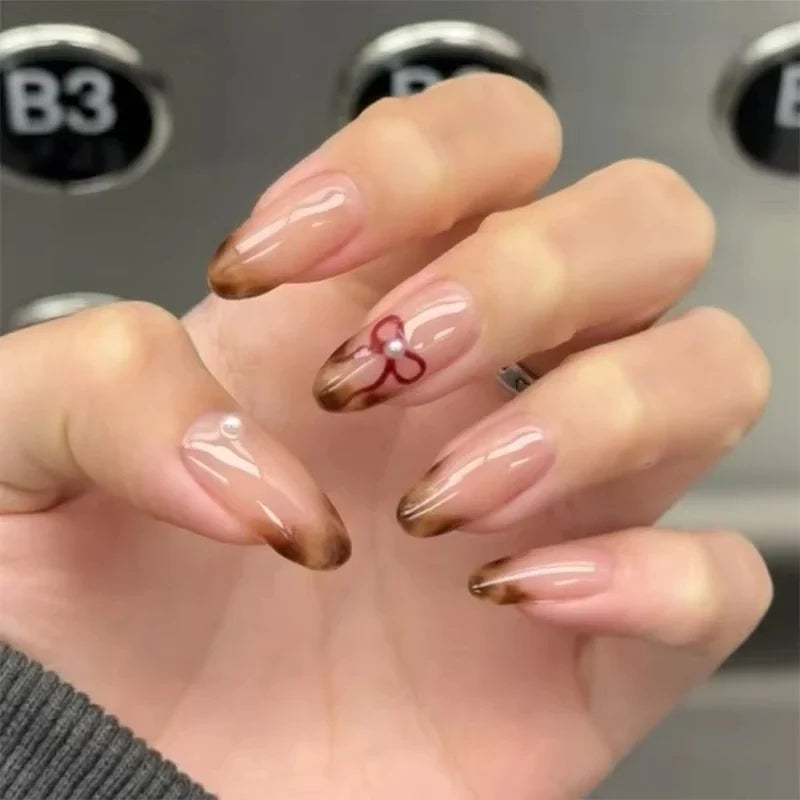24Pcs Brown Plaid Press on Nails French Bow False Nail Medium Almond Atmosphere Wearable Nail