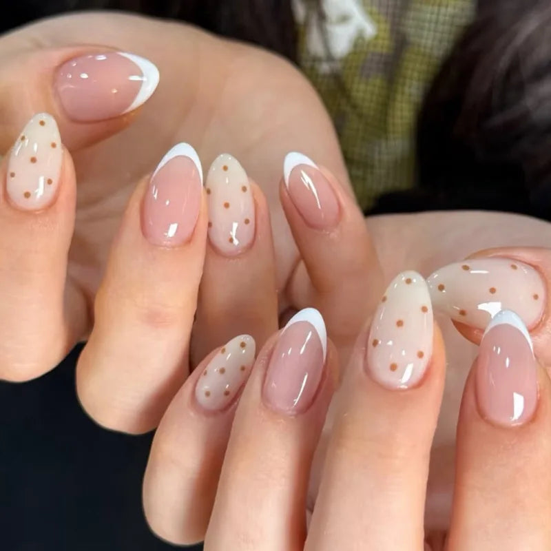 Dark Brown White Polka Dot Wearable Nail Art Fall Chic Fake Nails Detachable Finished False Nails Press on Nails
