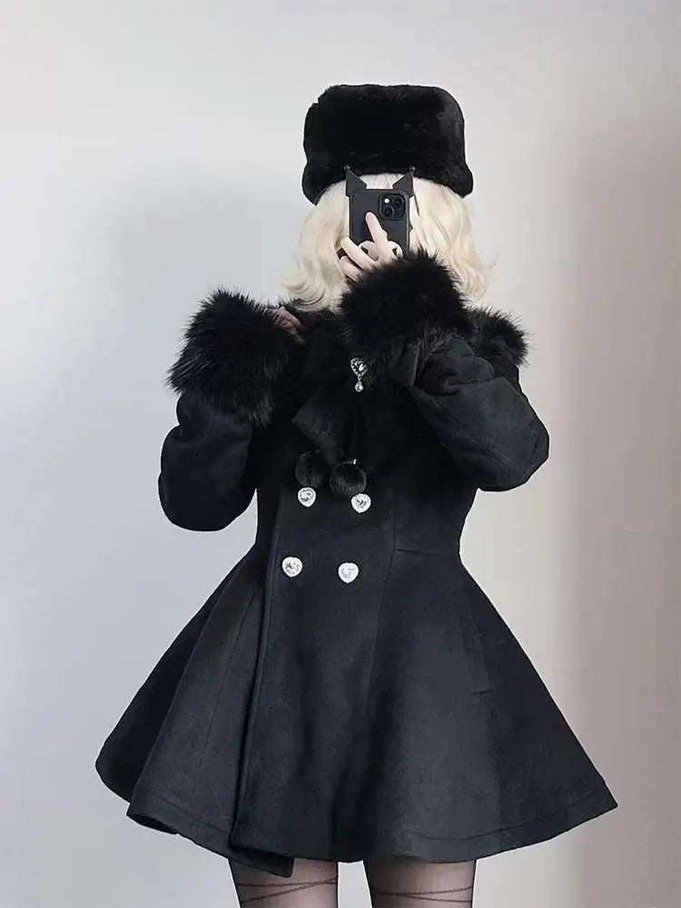 Japanese Slim Bow Long Sleeve Coat Elegant Fur Collar Lace Overcoat Design Chic Sweet Woolen Cloth Coat