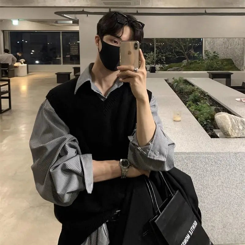 Acrylic Knitted Sweater Vest V-neck Sleeveless Golf Vest Korean Style Solid Color Loose Casual Casual Vest
