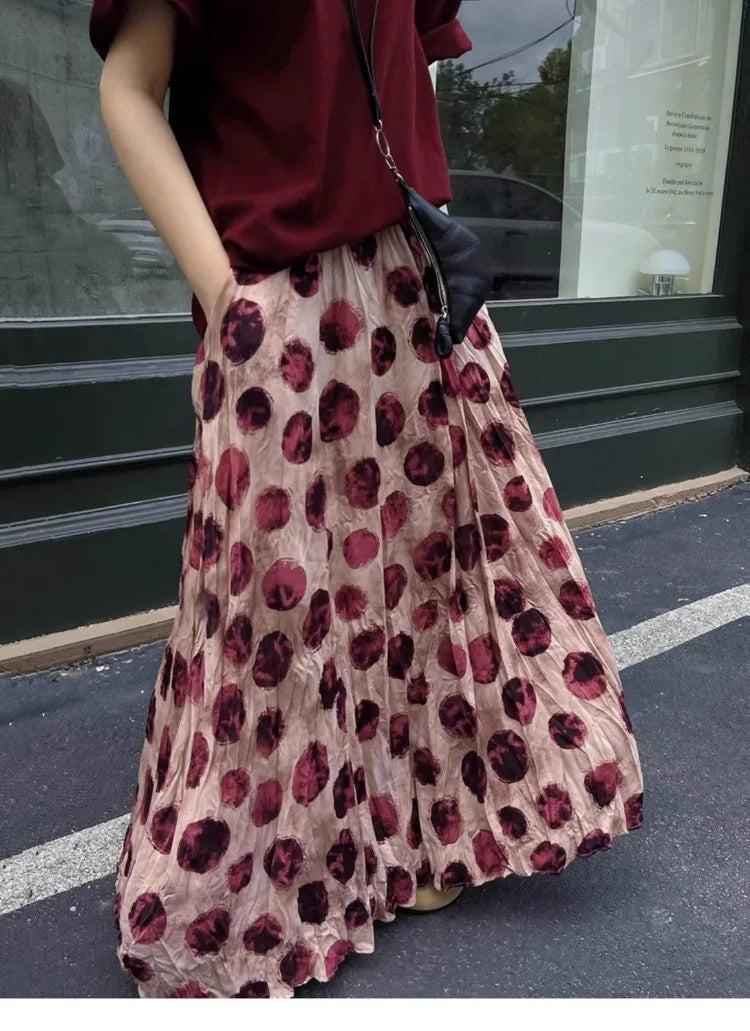 Elegant Green Dot Skirt Vintage High Waisted Holiday Beach Skirt A Line Skinny Print Tie Dye Pretty Style Skirt