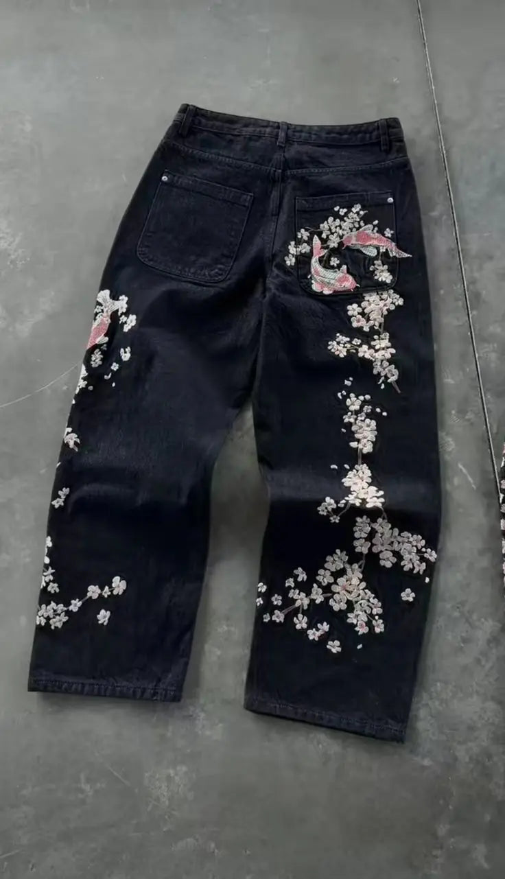 Unisex White Red Tribal Flame Print Loose Wide Leg Jeans Y2K Grunge Streetwear Oversized Denim Pants