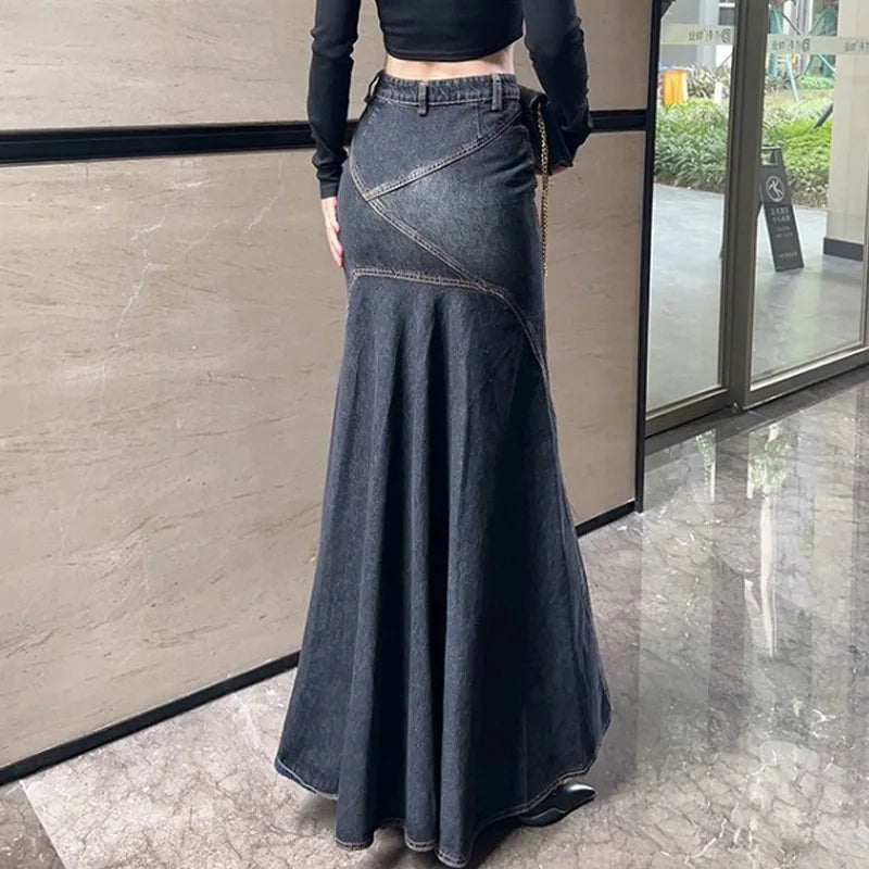 Maxi Skirt Casual Mermaid Streatwear High Waist Zipper Denim Skirts Y2k Streetwear Loose Long Mom Jeans Ankle Lenth