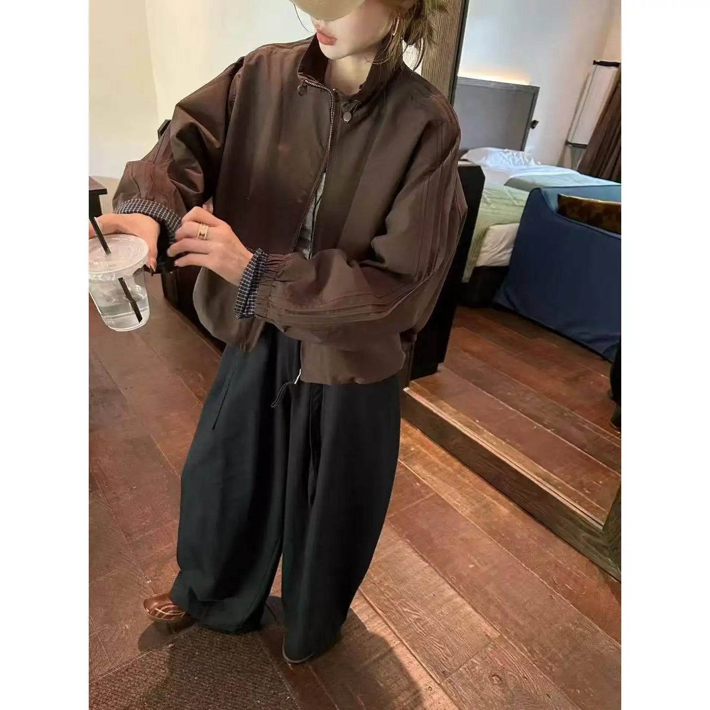 Plaid Bomber Jacket European Style Stand Collar Oversized Coat Y2K Casual Loose Fit Splicing Jacket Streetwear Outerwear