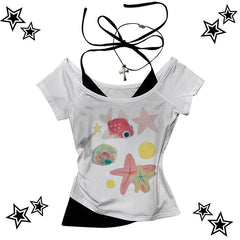Y2k cute pattern Vintage Basic Tees Ladies Clothes Retro Graphic Top White Short Sleeve Casual T Shirt