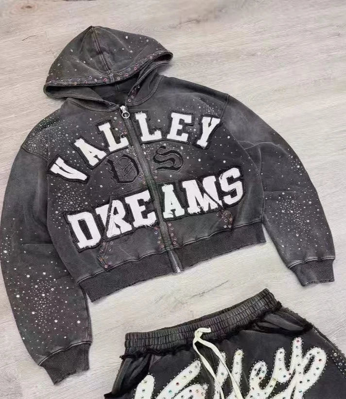 Y2K American Gothic Punk Sportswear Two Piece Set Unisex Hip Hop Rock Patch Print Loose Zip Hoodie Casual Sweatpants