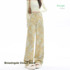Retro yellow tie-dye printed dopamine jeans temperament high waist design loose Joker wide-leg pants.