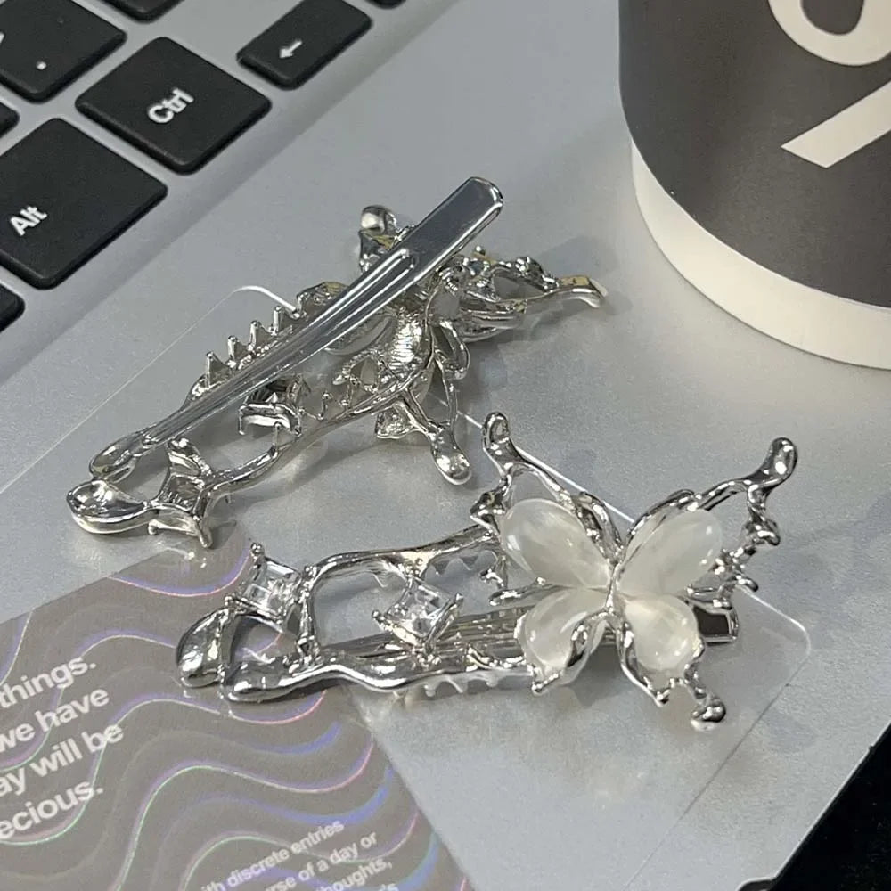 1/4pcs Y2K Irregular Liquid Metal Hairpin Butterfly Zircon Hair Clips Girl Silver Bang Clip