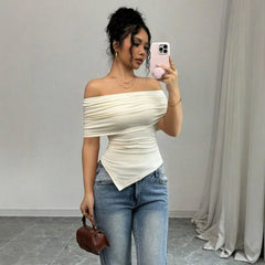 Irregular White Knitted Top Off-shoulder Pleated Slim Fit Casual Streetwear T-shirt