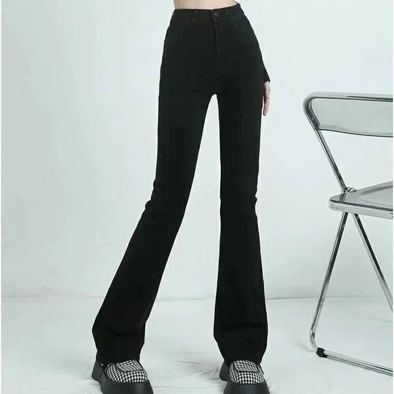 Korean Flare Jeans Girls High Waist Elastic Boot Cut Pants Lady Vintage Blue Black Gray Brown Denim Bell Bottom Trousers
