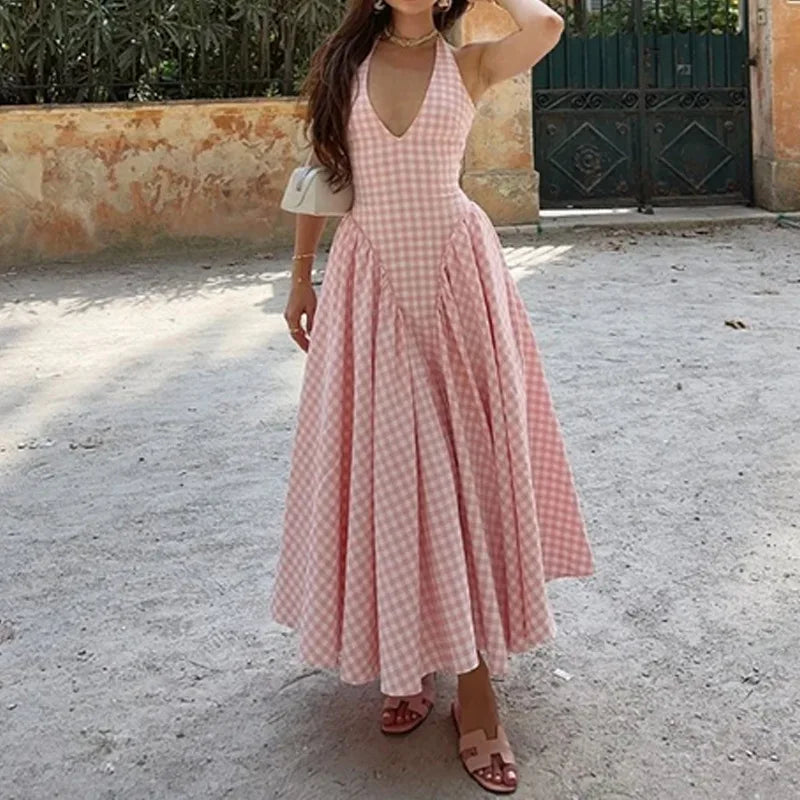 Elegant V-Neck Pleated Long Dresses High Waist French Style V-neck Backless Lace-up Vacation Vestidos