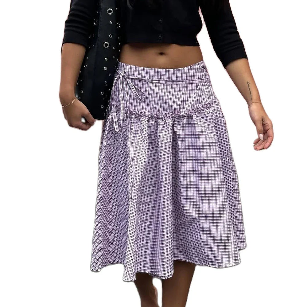 Vintage 2000s Plaid Skirts Casual Tie-Up Low Waist Tiered Ruffles Hem A-Line Midi Skirts Streetwear