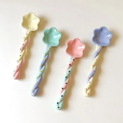 Ceramics Long Handled Spoon Instagram Style Household Stirring Spoon Hand Painted Flower Shaped Coffee Spoon