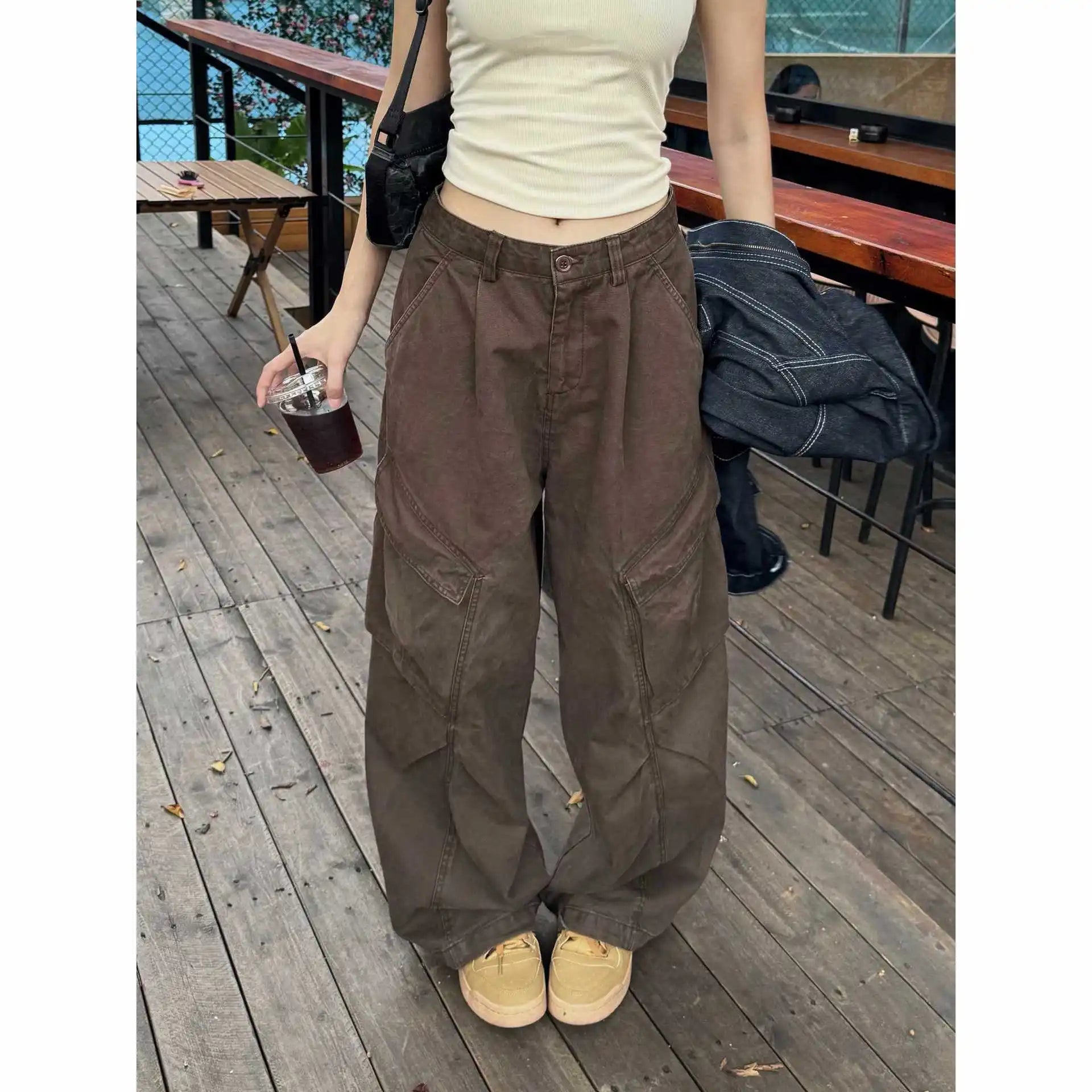 Washed Cotton Cargo Pants Loose Wide Leg Street Dance Long Trousers Multi Pocket Workwear High Waist Casual Pants