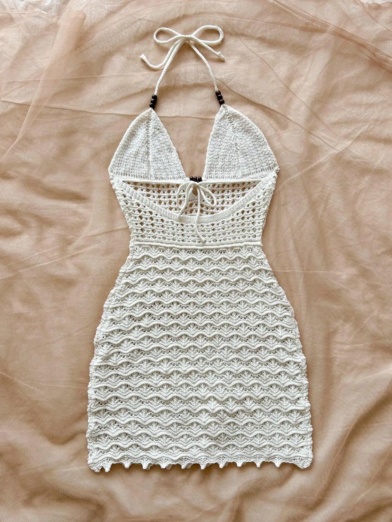 Soleia V-Neck Hollow-Out Wooden Beads Fitted Dress, Vacation Spaghetti Strap Backless Ombre Knitted Dress, Suitable