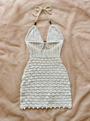 Soleia V-Neck Hollow-Out Wooden Beads Fitted Dress, Vacation Spaghetti Strap Backless Ombre Knitted Dress, Suitable