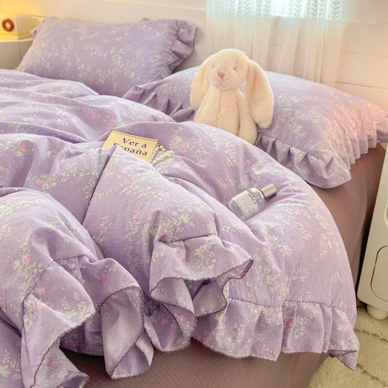 INS Princess Style Bedding Sets Ruffle Lace Bow Quilt Cover Romantic Bedclothes Decor Girls Bedroom Duvet Cover 4pcs
