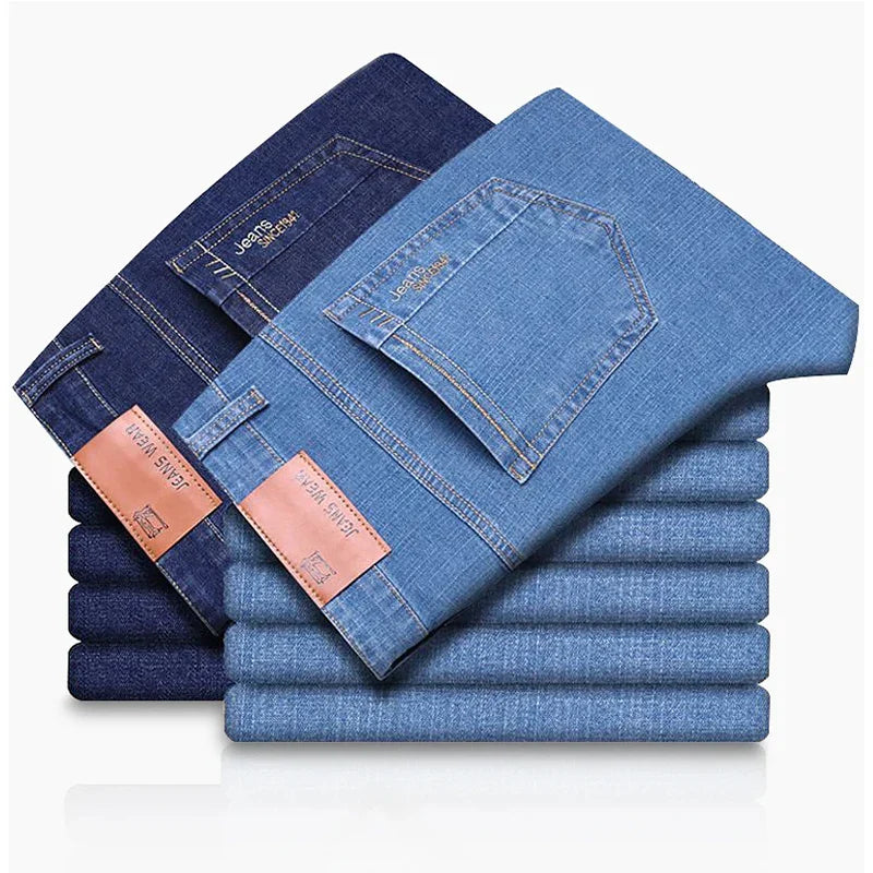 Light Blue Comfort Soft Jeans Thin Straight Business Denim Pants Breathable Cotton Casual Stretch Work Trousers