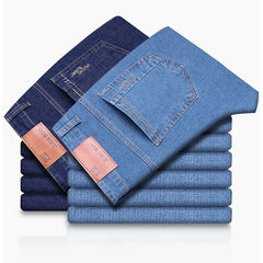 Light Blue Comfort Soft Jeans Thin Straight Business Denim Pants Breathable Cotton Casual Stretch Work Trousers