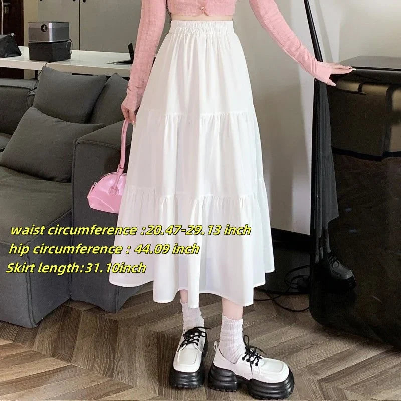 Casual Vintage Skirt Matching Chic Lady's White Skirt Sweet Girl's Cake Skirt Elastic Waist A-Line Mid Length Flare Skirt