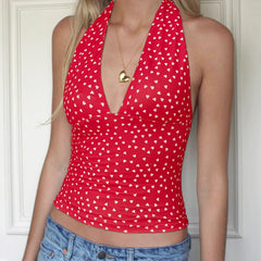 Y2k Sweet Halter Tanks Skinny Sleeveless Print Hotsweet V-Neck Backless Blouses
