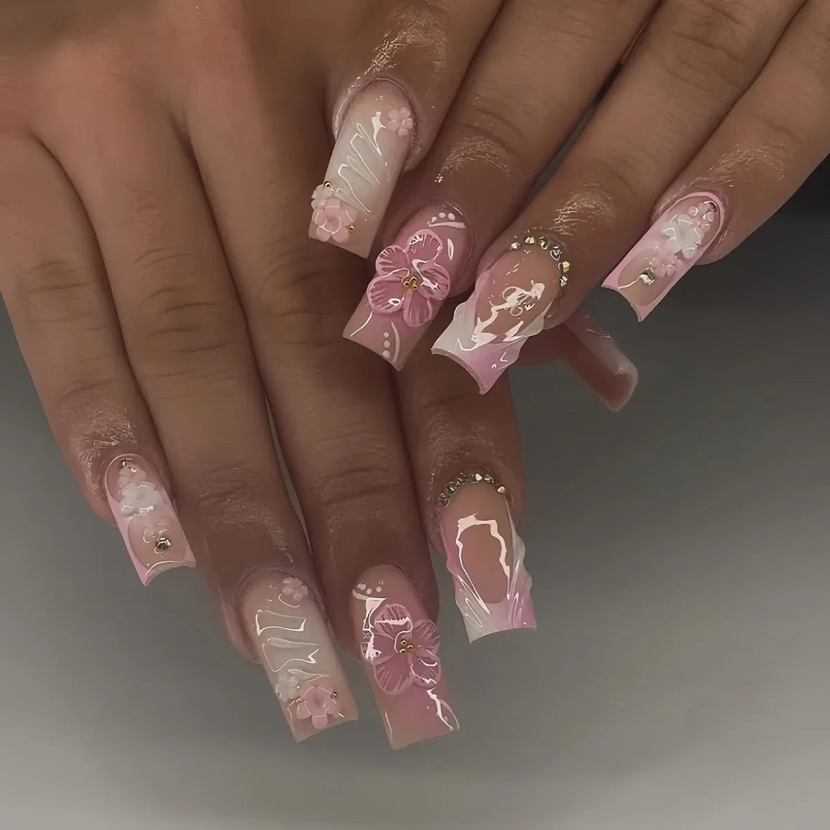 24pcs Fresh Long Coffin Fake Nails Yellow French Style Flower Printed Metal Butterfly Designs Press On Nails False Nail