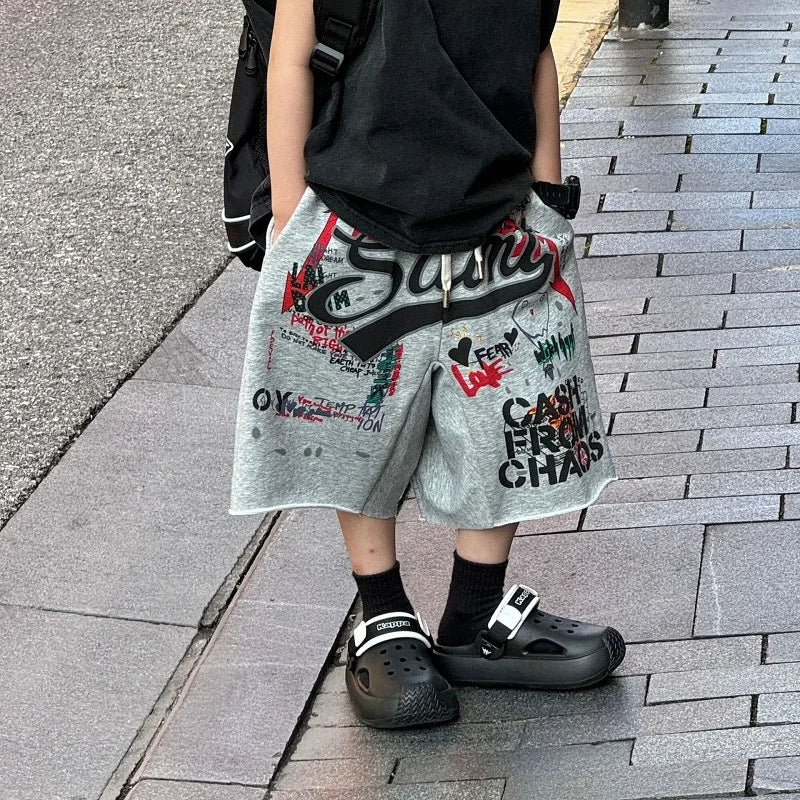 Korean Edition Boys' Trendy Cool Versatile Graffiti Casual Sports Pants Children's Stylish Shorts Trendy