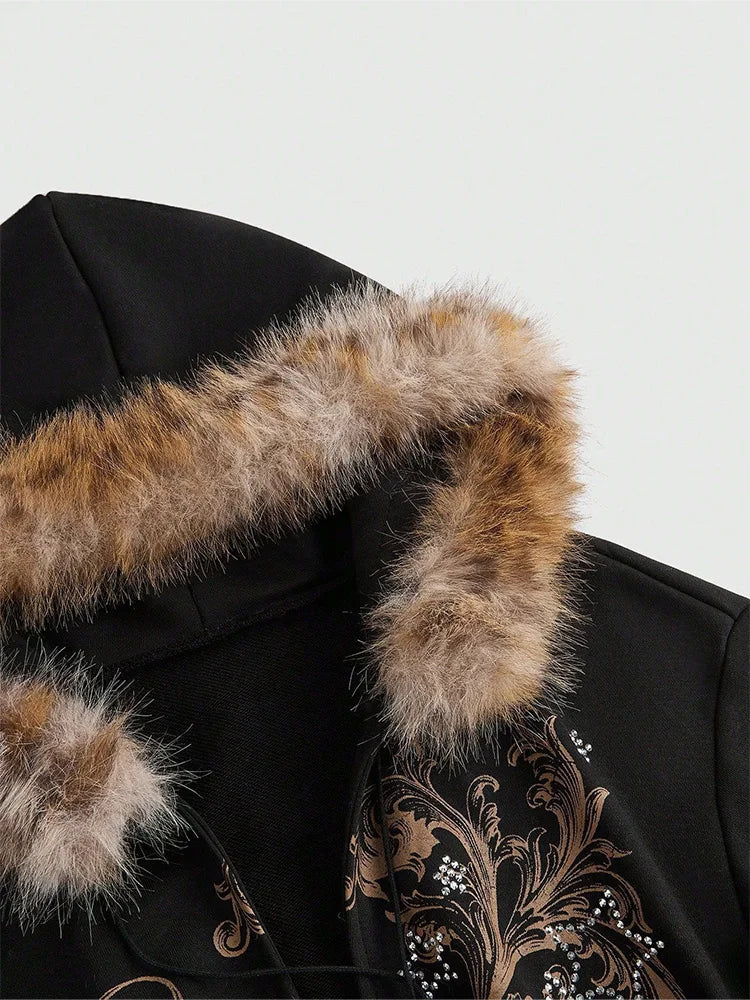Warm Gothic Print Hoodie Faux Fur Crop Top Zip-Up Sweatshirt Y2K Streetwear Hooded Jacket New