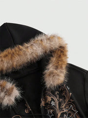 Warm Gothic Print Hoodie Faux Fur Crop Top Zip-Up Sweatshirt Y2K Streetwear Hooded Jacket New