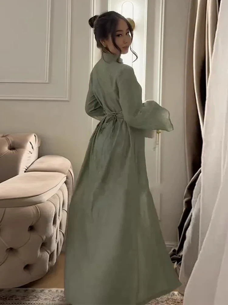Elegant Top Skirt Sets Chinese Buckle Full Sleeve Long Coat A-line Maxi Skirts Set Lady Suits